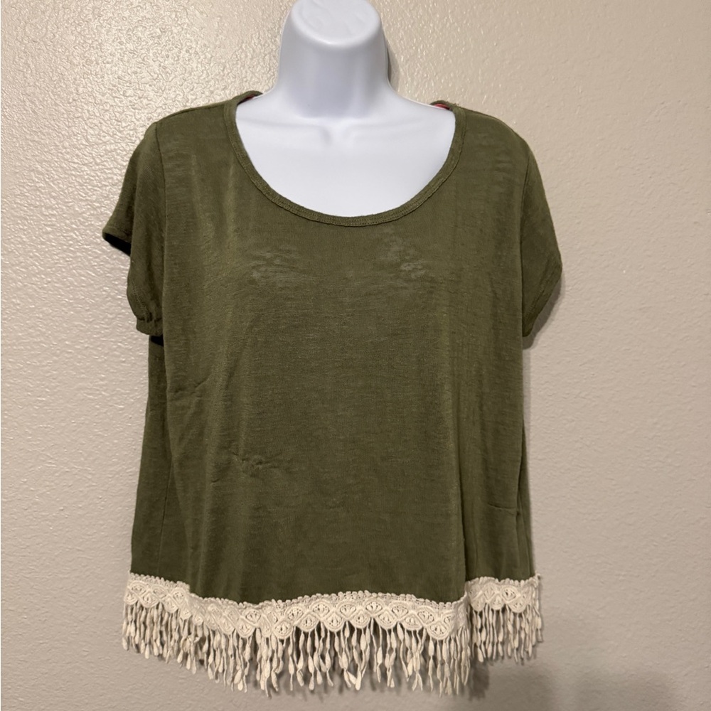 Rewind Olive Green Fringe Hem Boho Tee Top Size Large